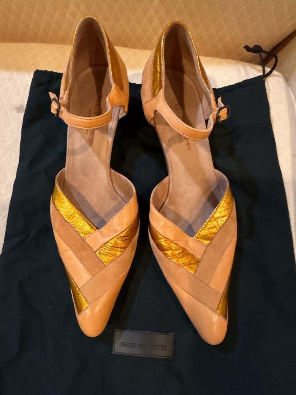 Dries Van Noten Tan and Gold Leather Suede Mary Jane Kitten Heels EU 36.5